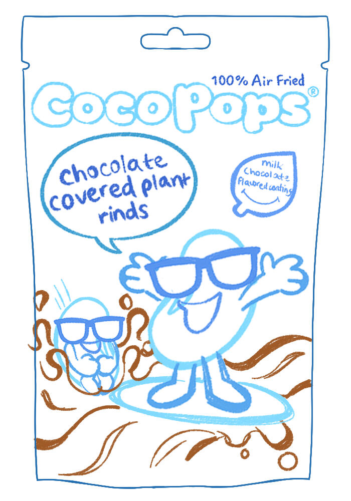2nd concept sketch featuring lentils, which was the main ingredient for these vegan pork rinds. I randomly thought the chocolate looked like waves, and that it would be fun to make them surfing and cannon-balling into the chocolate. This one was chosen!