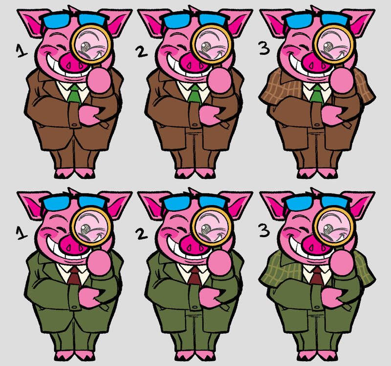 Original concept designs for the GFPR pig mascot - detective theme