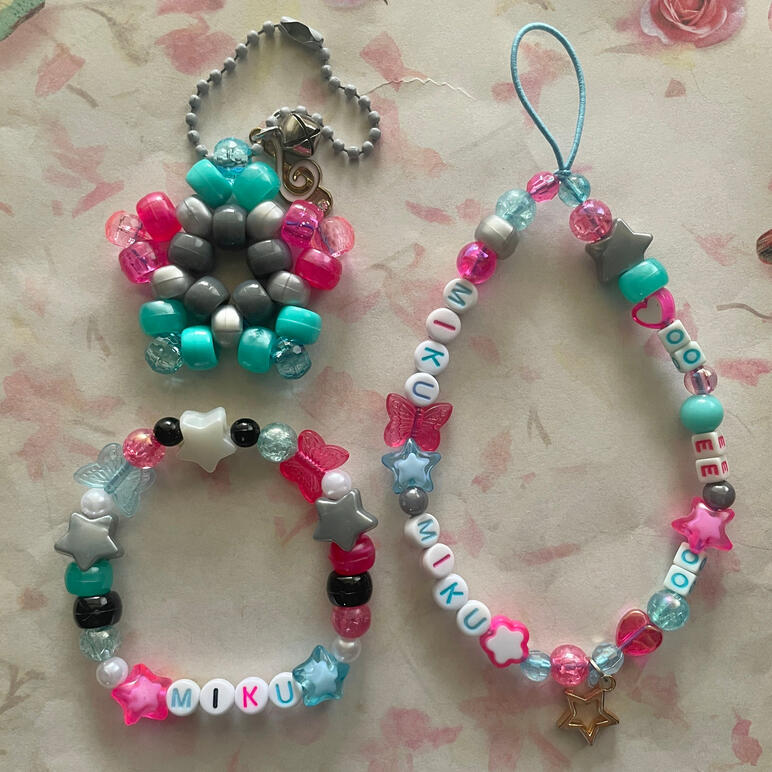 Miku themed Keychain, bracelet, and phone charm bundle!