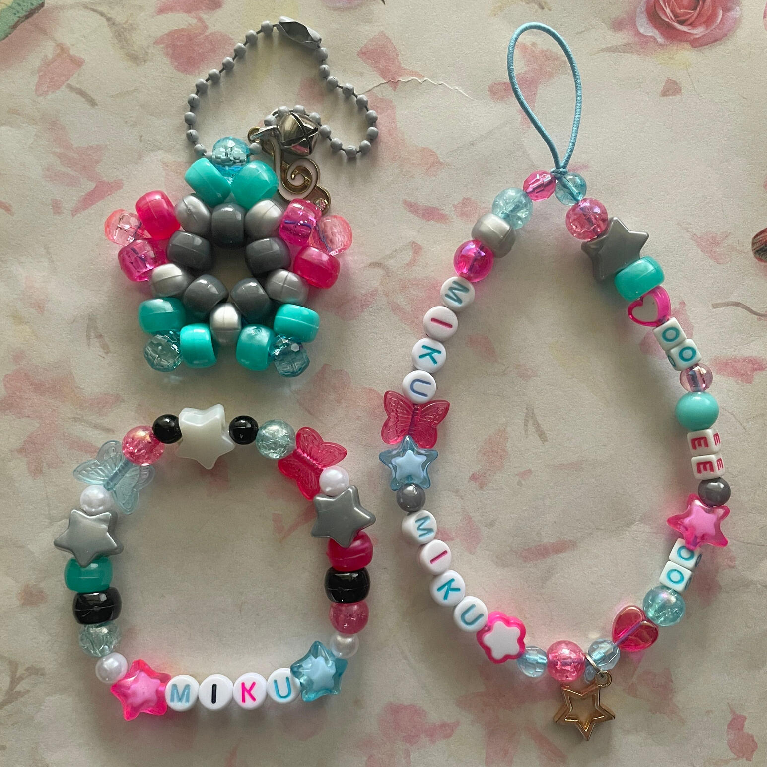 Miku themed Keychain, bracelet, and phone charm bundle!