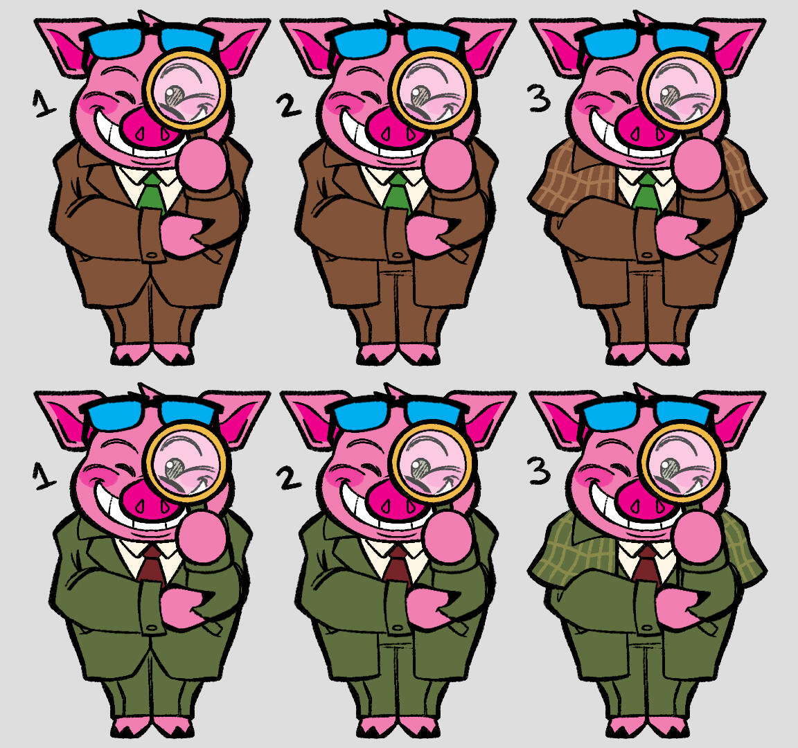 Original concept designs for the GFPR pig mascot - detective theme