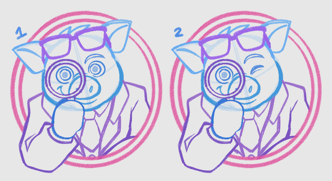 Sketches of the logo - one winking & one not